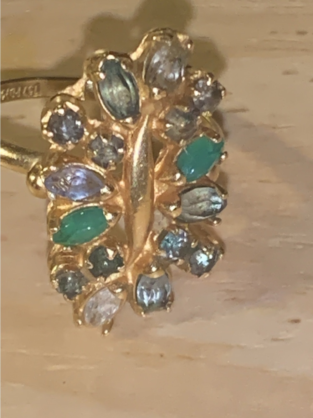 18k antique Gold Ring with Green and Blue Gem Accents - Picture 6 of 15